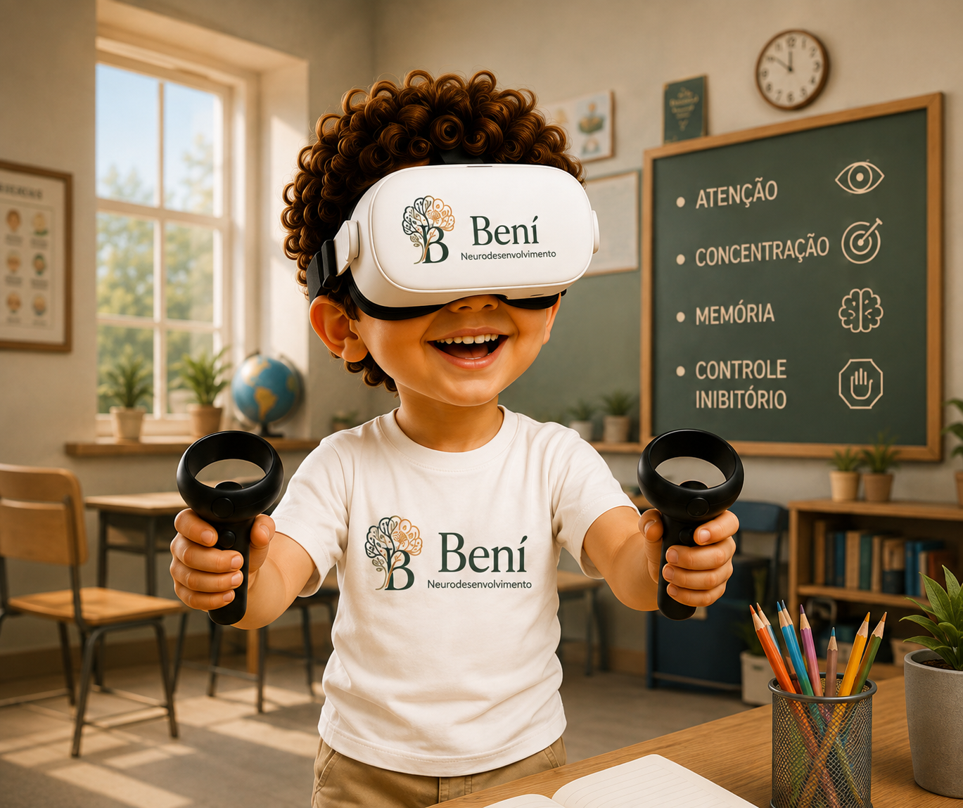 Criança utilizando óculos de realidade virtual durante atividade de estimulação cognitiva, recurso Bení Neurodesenvolvimento